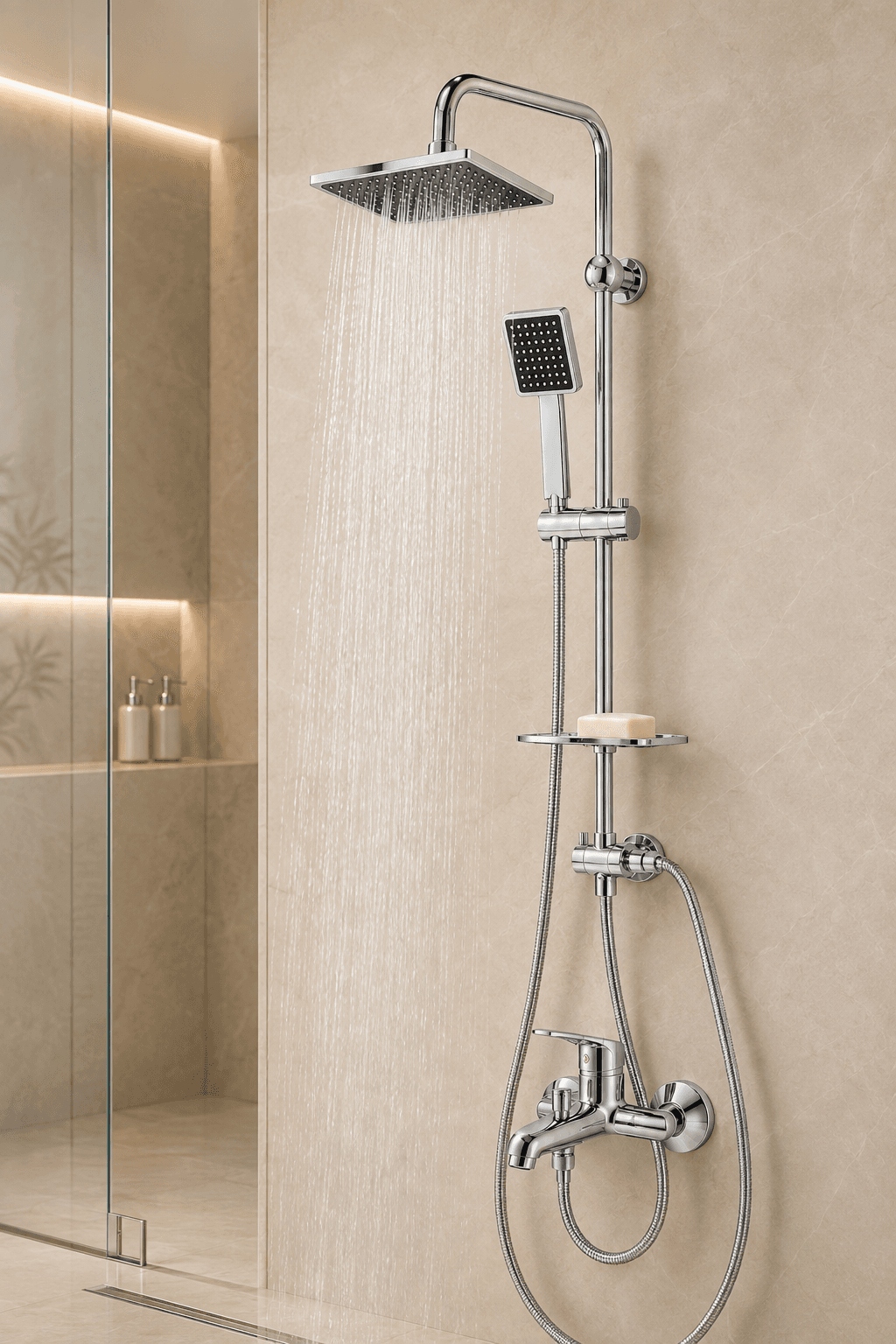 Chrome Shower Column Set | Square Rain Head + Hand Shower Mixer