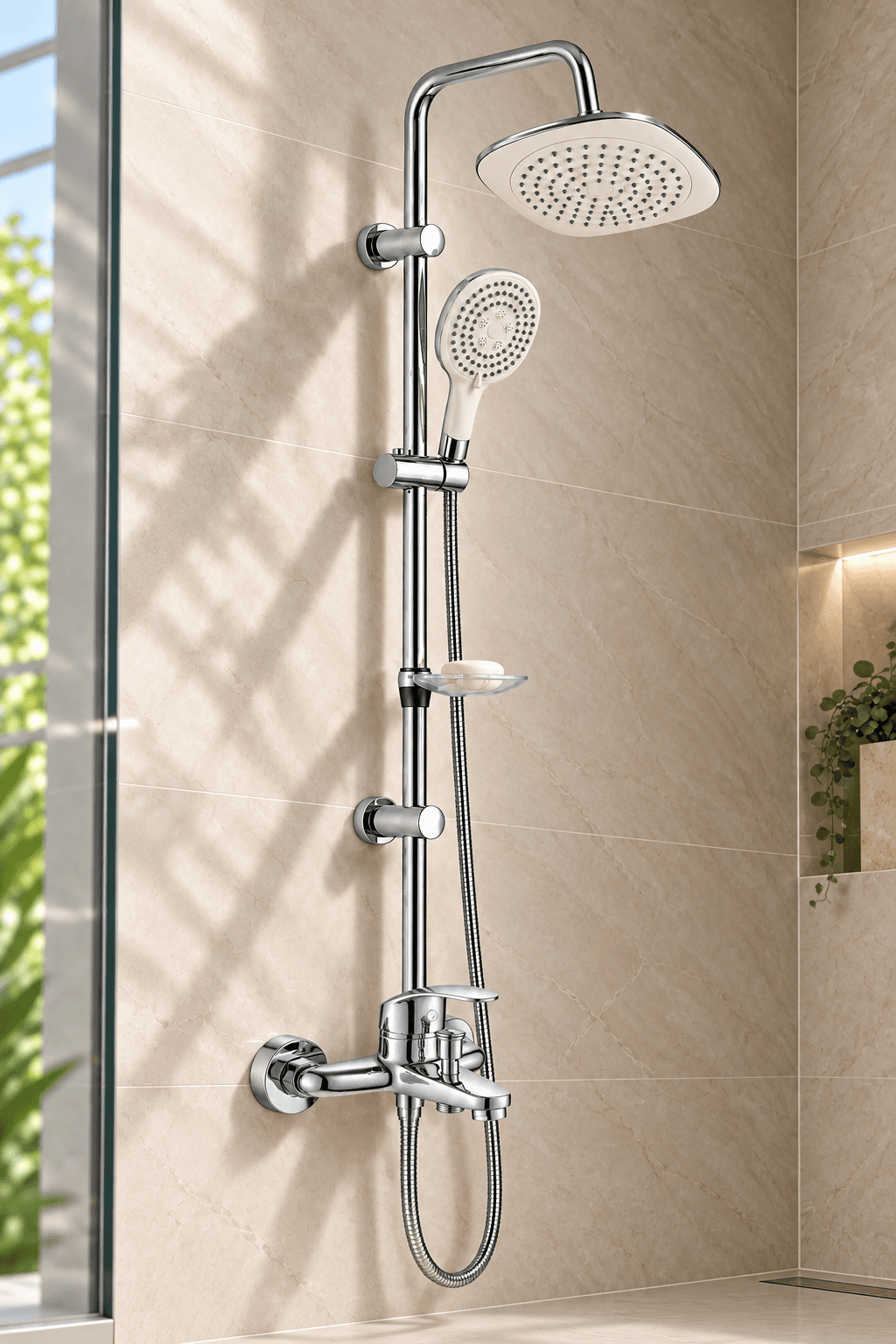 Chrome Shower System with Mixer | Soap Dish Included