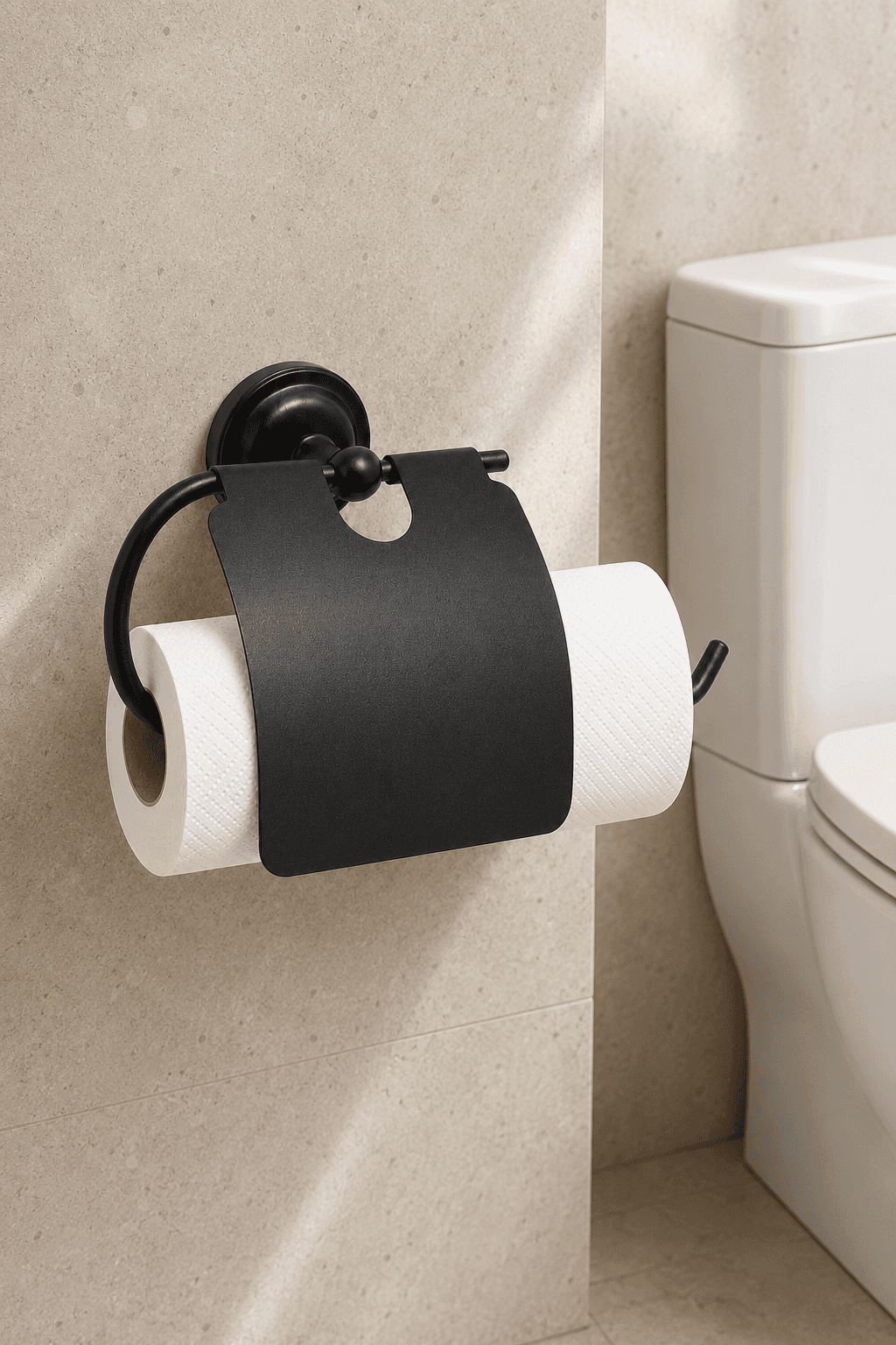 Toilettenpapierhalter Mattschwarz mit Deckel, klebend